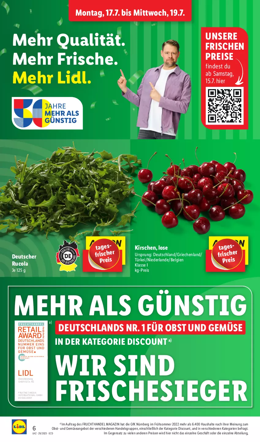 Aktueller Prospekt Lidl - Aktionsprospekt - von 17.07 bis 22.07.2023 - strona 6 - produkty: Abtei, angebot, cola, discount, eis, ente, frucht, kirsch, kirsche, kirschen, LG, magazin, obst, Obst und Gemüse, reis, rucola, Ti, und gemüse