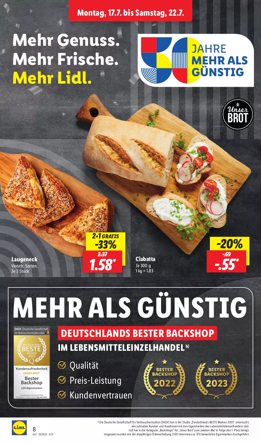 Aktueller Prospekt Lidl - Aktionsprospekt - von 17.07 bis 22.07.2023 - strona 8 - produkty: brot, ciabatta, eis, Laugeneck, lebensmittel, LG, nuss, Rauch, reis, Ti