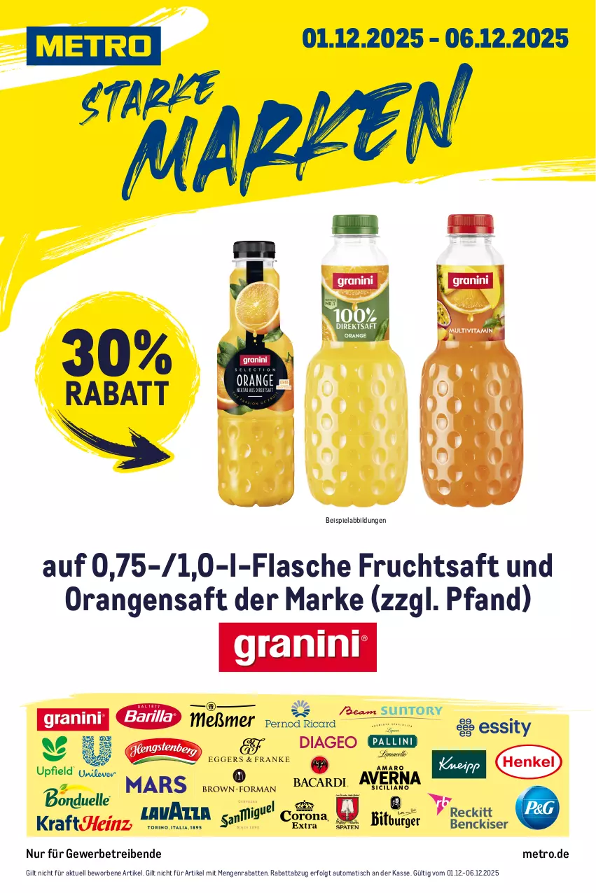 Aktueller Prospekt Metro - Starke Marken - von 01.12 bis 06.12.2025 - strona 1 - produkty: auto, beispielabbildung, eis, flasche, frucht, fruchtsaft, LG, Metro, orange, orangen, orangensaft, saft, Ti, tisch