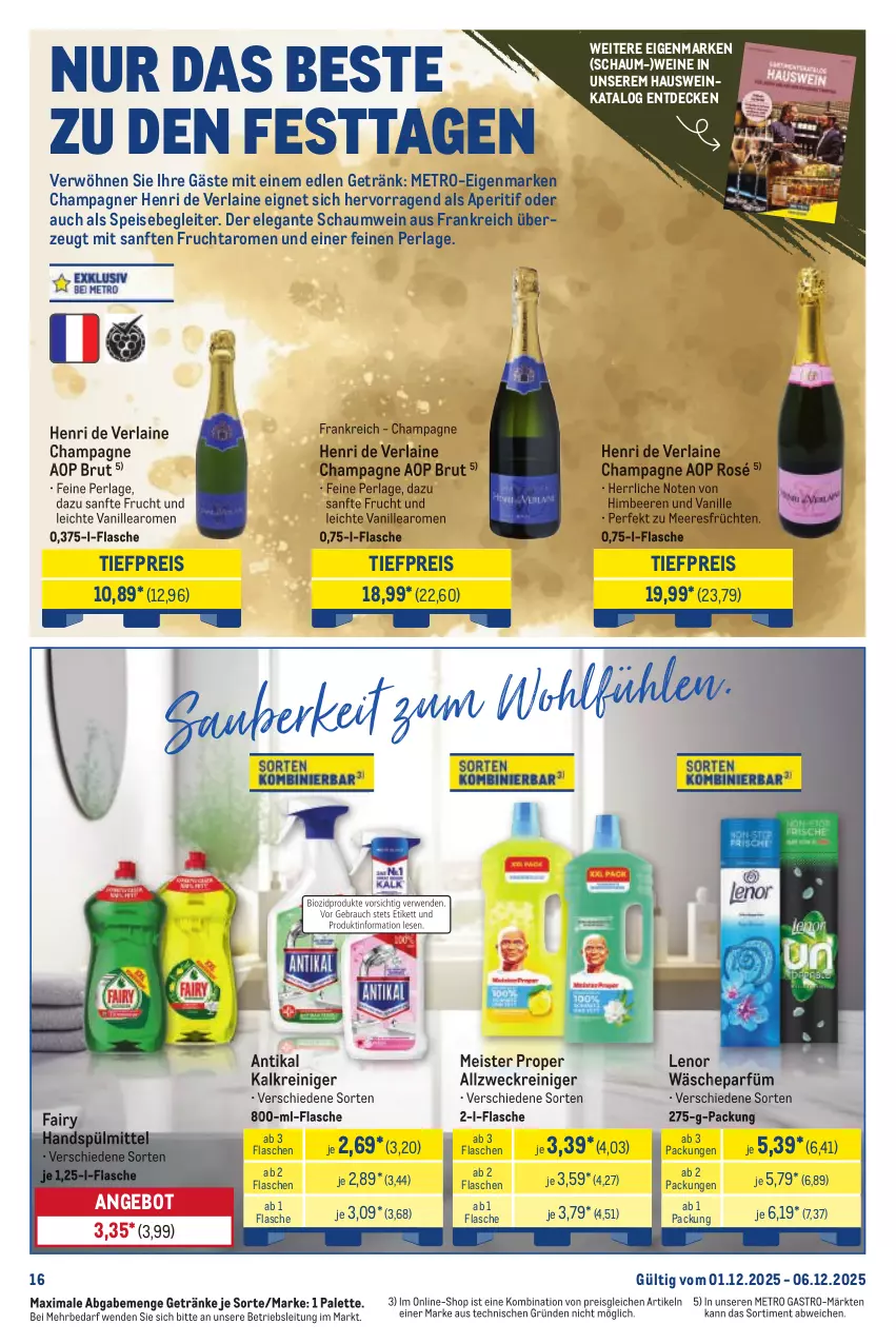Aktueller Prospekt Metro - Starke Marken - von 01.12 bis 06.12.2025 - strona 16 - produkty: allzweckreiniger, angebot, aperitif, beere, beeren, brut, champagne, champagner, decke, eis, fairy, flasche, frucht, früchte, früchten, getränk, getränke, Henri de Verlaine, himbeer, himbeere, himbeeren, Kalkreiniger, lenor, meeresfrüchte, Meister, meister proper, Metro, metro gastro, Palette, perla, reiniger, reis, spülmittel, Ti, tiefpreis, vanille, wäscheparfüm, weck, wein, weine