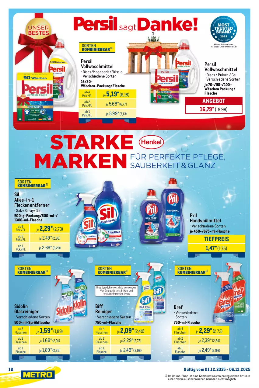 Aktueller Prospekt Metro - Starke Marken - von 01.12 bis 06.12.2025 - strona 18 - produkty: angebot, biff, Bref, eis, feuchtes toilettenpapier, flasche, Fleckenentferner, Glasreiniger, küche, Küchen, küchentücher, megaperls, papier, persil, pril, reiniger, reis, salz, sidolin, sprühflasche, spülmittel, Tasche, taschen, taschentücher, Tempo, Ti, tiefpreis, toilettenpapier, tücher, vollwaschmittel, waschmittel, zewa