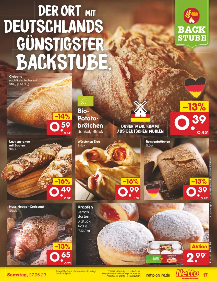 Aktueller Prospekt Netto Marken-Discount - Filial-Angebote - von 22.05 bis 27.05.2023 - strona 17 - produkty: angebot, backofen, bestpreis, bio, brötchen, ciabatta, Croissant, eis, Laugenstange, mehl, nuss, Ofen, reis, roggenbrötchen, stube, Ti, würstchen, ZTE