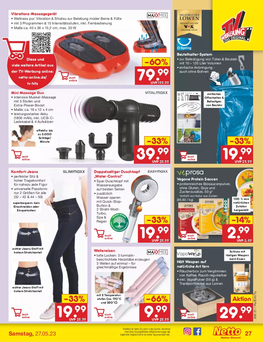 Aktueller Prospekt Netto Marken-Discount - Filial-Angebote - von 22.05 bis 27.05.2023 - strona 27 - produkty: akku, angebot, beutel, bio, deka, eis, elle, fernbedienung, jeans, kaffee, ladekabel, leine, Massagegerät, natur, Rauch, ring, sauce, saucen, soja, Sport, Ti, Tüte, wasser, ZTE, zucker