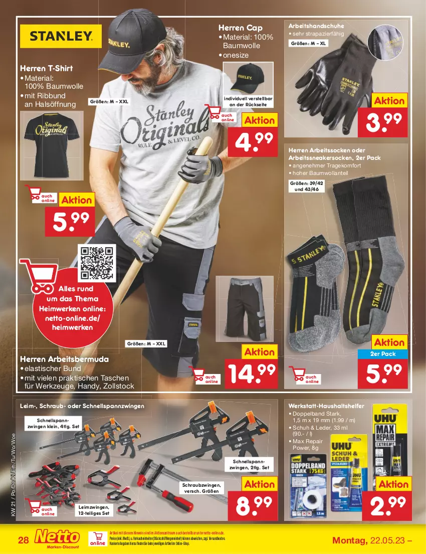 Aktueller Prospekt Netto Marken-Discount - Filial-Angebote - von 22.05 bis 27.05.2023 - strona 28 - produkty: Arbeitssocken, asti, Bau, baumwolle, bermuda, Cap, eis, handschuhe, Handy, LG, ndk, reis, Ria, schuhe, shirt, sneaker, sneakersocken, socken, T-Shirt, Tasche, taschen, Ti, tisch, werkzeug, werkzeuge, wolle