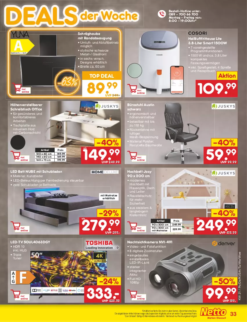 Aktueller Prospekt Netto Marken-Discount - Filial-Angebote - von 22.05 bis 27.05.2023 - strona 33 - produkty: akku, angebot, aust, Bau, baumwolle, beleuchtung, bett, Brei, buch, deo, eis, fernbedienung, fritteuse, Heißluftfritteuse, hochbett, Holz, HP, kamera, latte, led-beleuchtung, LG, matratze, Mode, office, reis, rezept, Ria, rückenlehne, schräghaube, schreibtisch, schubladen, stuhl, telefon, Ti, tisch, tischplatte, Tofu, tuner, uhr, wolle, ZTE