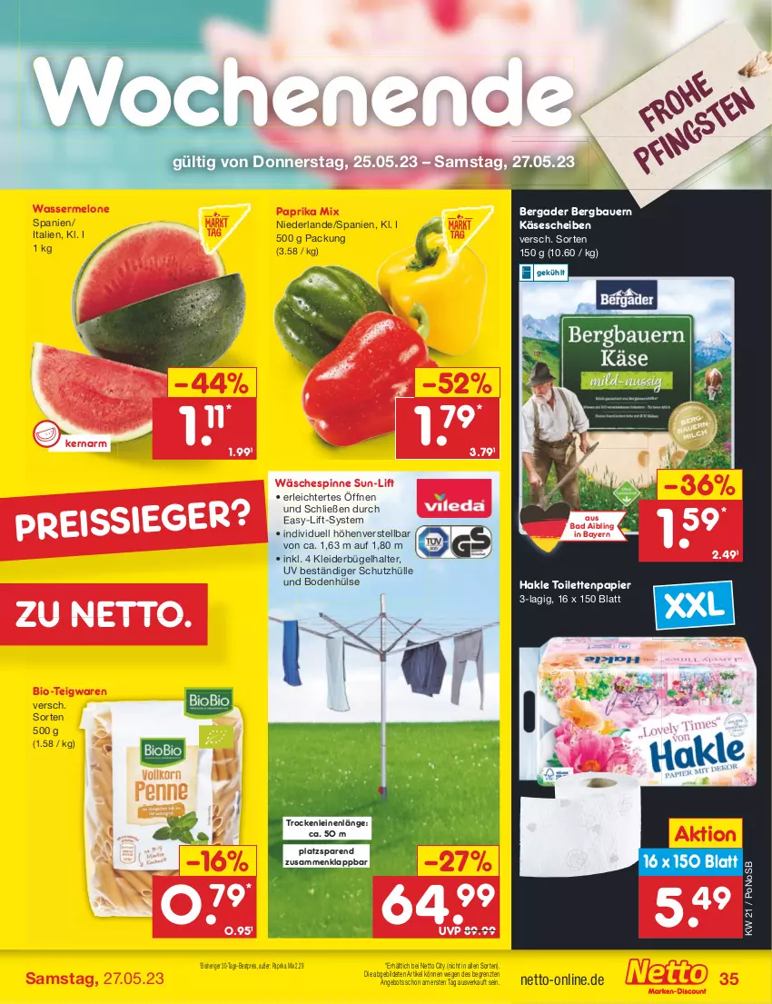 Aktueller Prospekt Netto Marken-Discount - Filial-Angebote - von 22.05 bis 27.05.2023 - strona 35 - produkty: angebot, auer, Bad, Bau, Bauer, bergader, bestpreis, bio, bügel, eis, hakle, hakle toilettenpapier, Käse, käsescheiben, kleid, kleider, kleiderbügel, leine, melone, papier, paprika, paprika mix, reis, reiss, schutzhülle, teigwaren, Ti, toilettenpapier, wäschespinne, wasser, wassermelone, ZTE