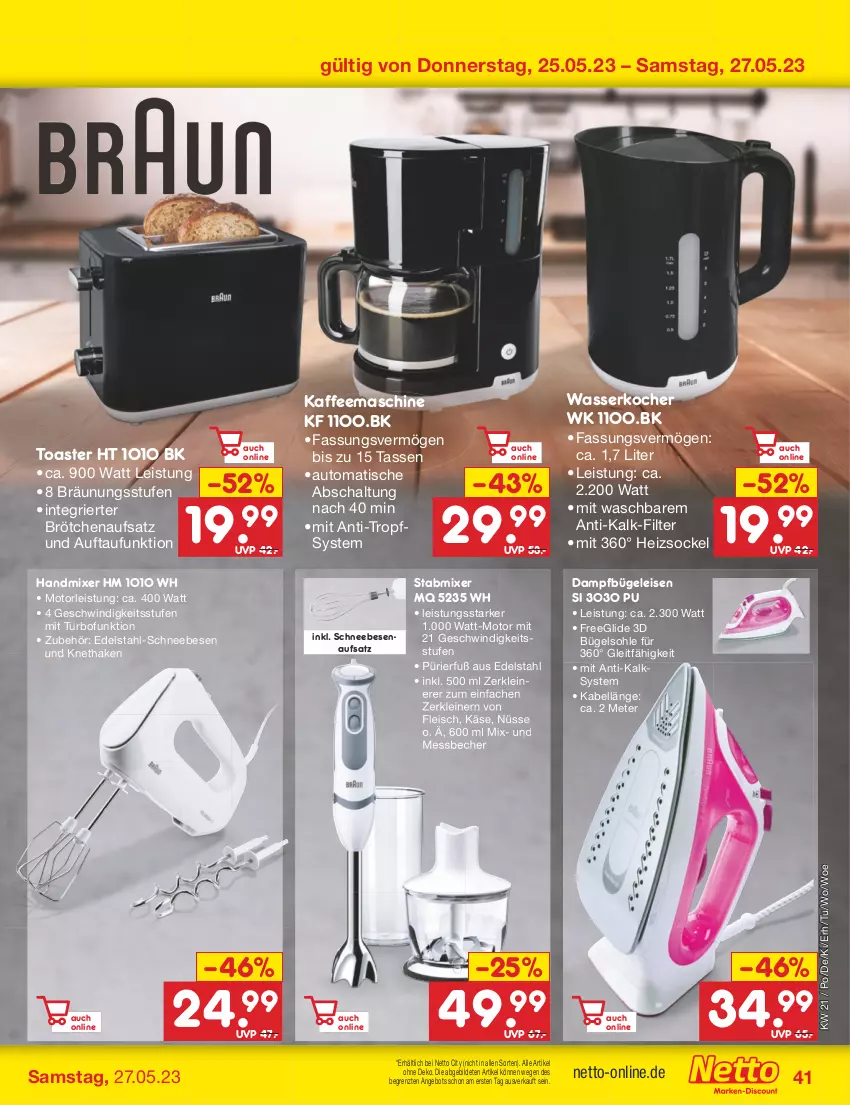 Aktueller Prospekt Netto Marken-Discount - Filial-Angebote - von 22.05 bis 27.05.2023 - strona 41 - produkty: angebot, auto, Becher, brötchen, brötchenaufsatz, bügel, Bügeleisen, dampfbügeleisen, edelstahl, eis, fleisch, handmixer, kaffee, kaffeemaschine, Käse, Kocher, leine, Messbecher, Mixer, Schal, Schneebesen, stabmixer, tasse, Ti, tisch, toast, toaster, wasser, wasserkocher, Zerkleinerer, ZTE