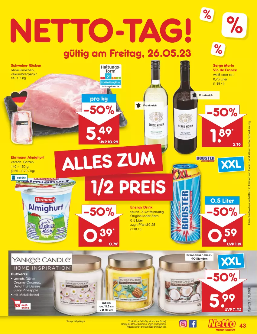 Aktueller Prospekt Netto Marken-Discount - Filial-Angebote - von 22.05 bis 27.05.2023 - strona 43 - produkty: almighur, almighurt, angebot, Apple, auer, bestpreis, coconut, decke, Deckel, drink, Duftkerze, ehrmann, ehrmann almighurt, eis, energy drink, fleisch, gin, kerze, reis, schwein, schweine, Ti, vin de france, wein, weine, wurst, wurst in selbstbedienung, ZTE