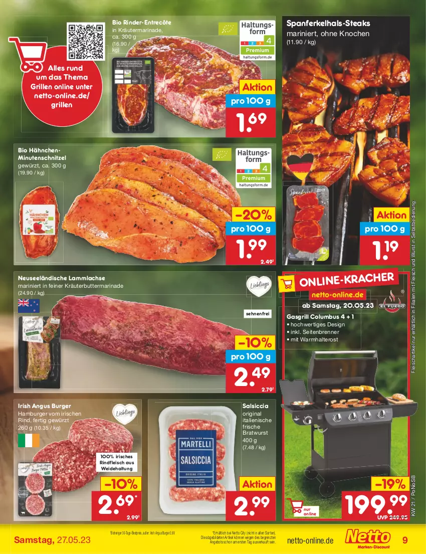 Aktueller Prospekt Netto Marken-Discount - Filial-Angebote - von 22.05 bis 27.05.2023 - strona 9 - produkty: angebot, bestpreis, bio, bratwurst, burger, butter, eis, entrecôte, fleisch, gasgrill, gewürz, gin, grill, hamburger, kräuter, kräuterbutter, lachs, lamm, lammlachse, marinade, minutenschnitzel, reis, rind, rinder, rindfleisch, salsiccia, schnitzel, steak, steaks, Ti, wurst, wurst in selbstbedienung, ZTE