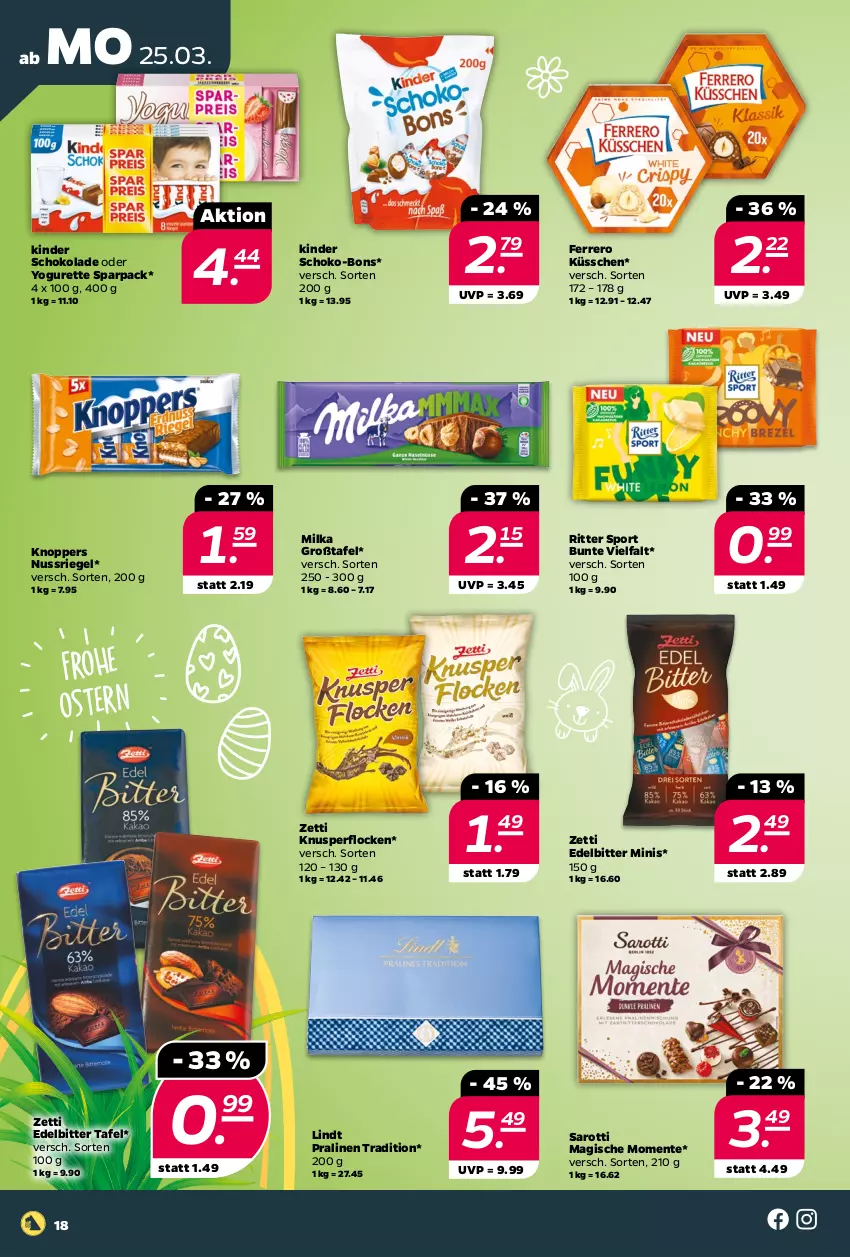 Aktueller Prospekt Netto - Woche 13 - von 25.03 bis 30.03.2024 - strona 18 - produkty: ente, ferrero, Ferrero Küsschen, Kinder, kinder schokolade, knoppers, Knusperflocken, lindt, milka, nuss, nussriegel, oder yogurette, pralinen, riegel, ritter, ritter sport, saro, sarotti, schoko, schoko-bons, schokolade, Sport, Ti, Yo, yogurette