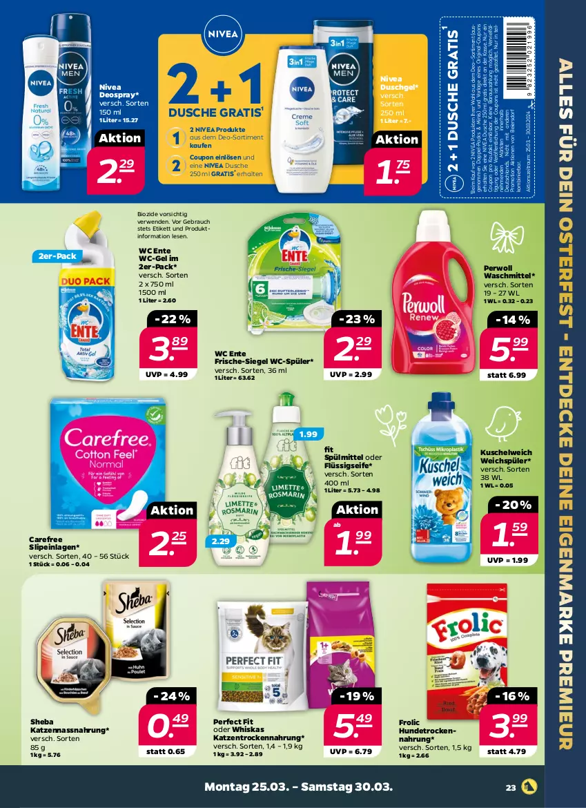 Aktueller Prospekt Netto - Woche 13 - von 25.03 bis 30.03.2024 - strona 19 - produkty: bio, carefree, coupon, coupons, decke, deo, deospray, dusche, duschgel, eier, ente, flüssigseife, frolic, gin, Hundetrockennahrung, Kuschelweich, Nassnahrung, nivea, Perfect Fit, perwoll, Rauch, rwe, Seife, sheba, slip, slipeinlagen, spülmittel, Ti, Trockennahrung, waschmittel, wc ente, wc-gel, weichspüler, whiskas