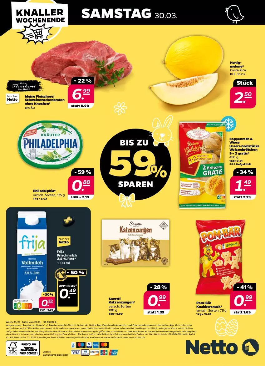 Aktueller Prospekt Netto - Woche 13 - von 25.03 bis 30.03.2024 - strona 32 - produkty: alle artikel ohne dekoration, angebot, braten, brötchen, coppenrath, coupon, dekoration, eis, elle, fleisch, Fleischerei, Goldstücke, honig, honigmelone, KnabberSnack, melone, milch, philadelphia, pom-bär, reis, saro, sarotti, Schere, schwein, schweine, schweinenacken, snack, Ti, wein, weine, weizenbrötchen