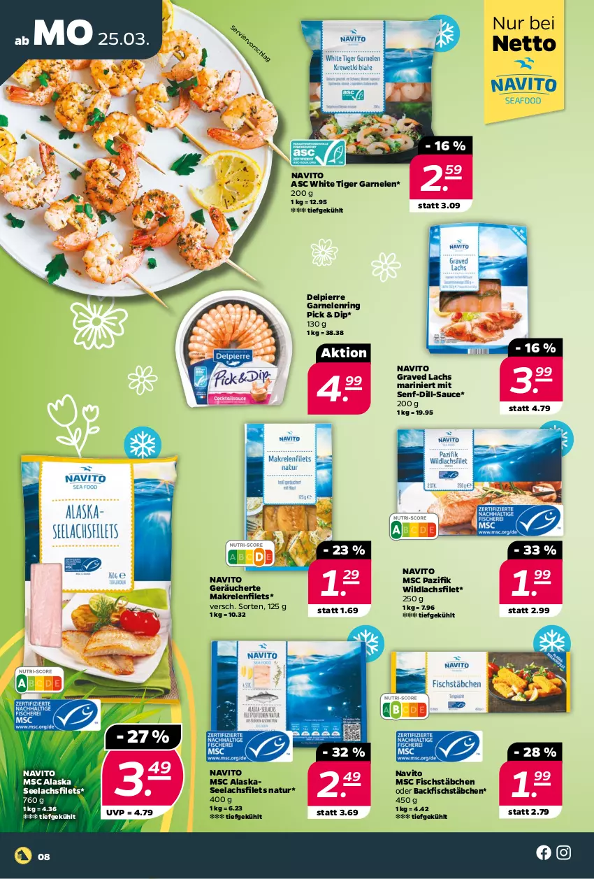 Aktueller Prospekt Netto - Woche 13 - von 25.03 bis 30.03.2024 - strona 8 - produkty: backfisch, dip, filet, filets, fisch, fischstäbchen, garnelen, Graved Lachs, lachs, lachsfilet, lachsfilets, Makrele, Makrelenfilets, natur, rel, ring, sauce, seelachsfilet, senf, Ti, Wild, wildlachs