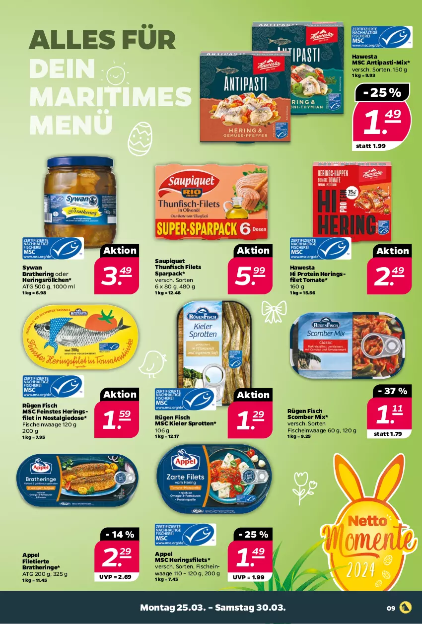 Aktueller Prospekt Netto - Woche 13 - von 25.03 bis 30.03.2024 - strona 9 - produkty: antipasti, asti, Bratheringe, filet, Filetierte Bratheringe, filets, fisch, fische, hawesta, hering, Herings, heringsfilets, LG, ring, saupiquet, Sprotten, thunfisch, thunfisch filets, Ti, tomate, Waage