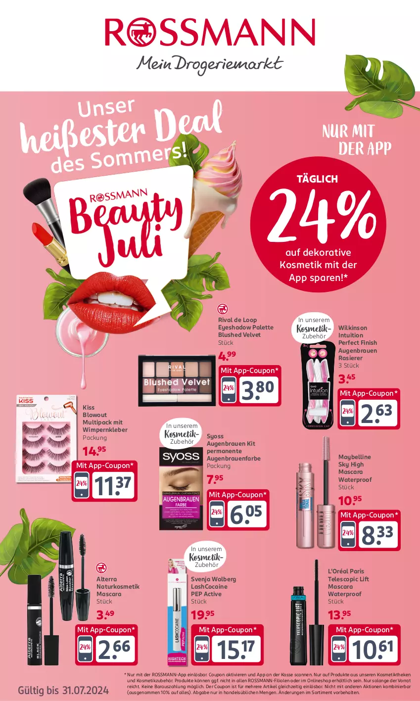 Aktueller Prospekt Rossmann - Prospekte - von 06.05 bis 28.07.2024 - strona 1 - produkty: alterra, coupon, ente, Finish, kleber, kosmetik, Mascara, Maybelline, natur, naturkosmetik, Palette, rasierer, syoss, Ti, velvet, wilkinson, Yo