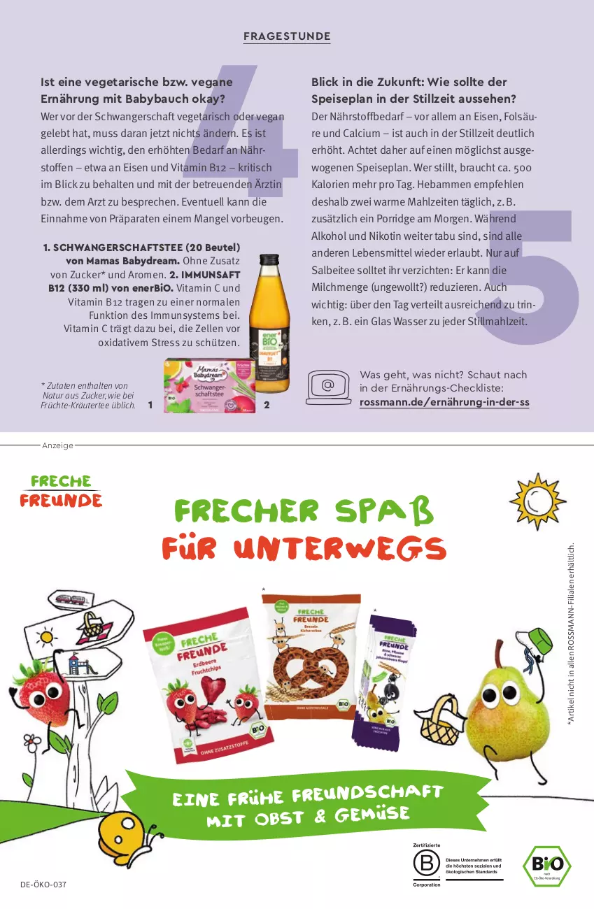 Aktueller Prospekt Rossmann - Prospekte - von 01.05 bis 31.08.2023 - strona 62 - produkty: alkohol, babydream, Bau, beutel, bio, Calcium, eis, elle, früchte, kräuter, lebensmittel, mam, milch, natur, obst, porridge, Rauch, rwe, saft, Schütze, tee, Ti, tisch, Vegeta, vita, Vitamin B, Vitamin C, wasser, zucker