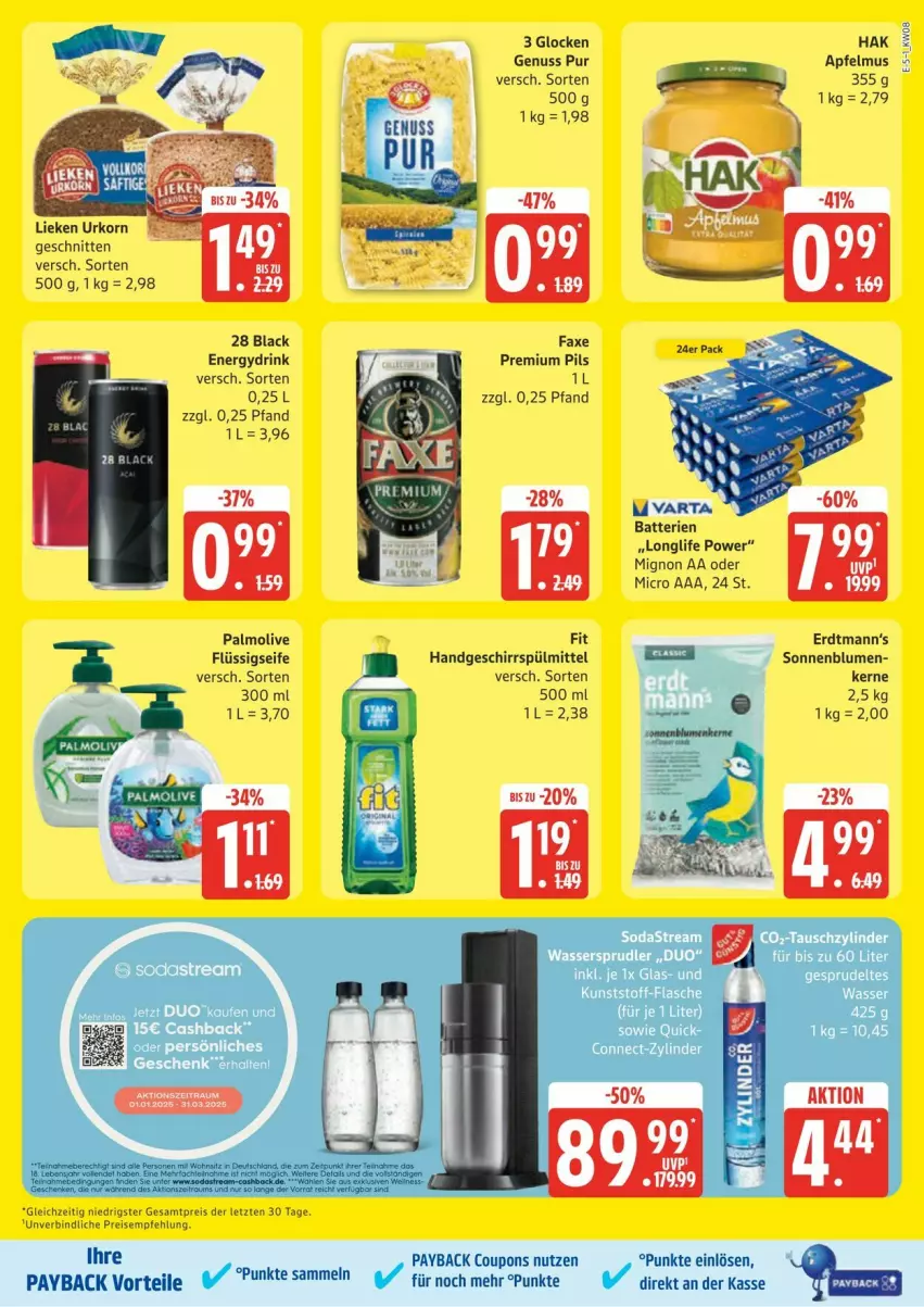 Aktueller Prospekt Edeka - Prospekte - von 17.02 bis 03.03.2025 - strona 5 - produkty: apfel, apfelmus, axe, batterie, batterien, blume, blumen, coupon, coupons, drink, eis, flüssigseife, geschirr, geschirrspülmittel, korn, lack, lieken, longlife, nuss, olive, palmolive, payback, pils, premium pils, reis, schnitten, Seife, sonnenblume, sonnenblumen, spülmittel, Ti, uhr, urkorn, varta, ZTE