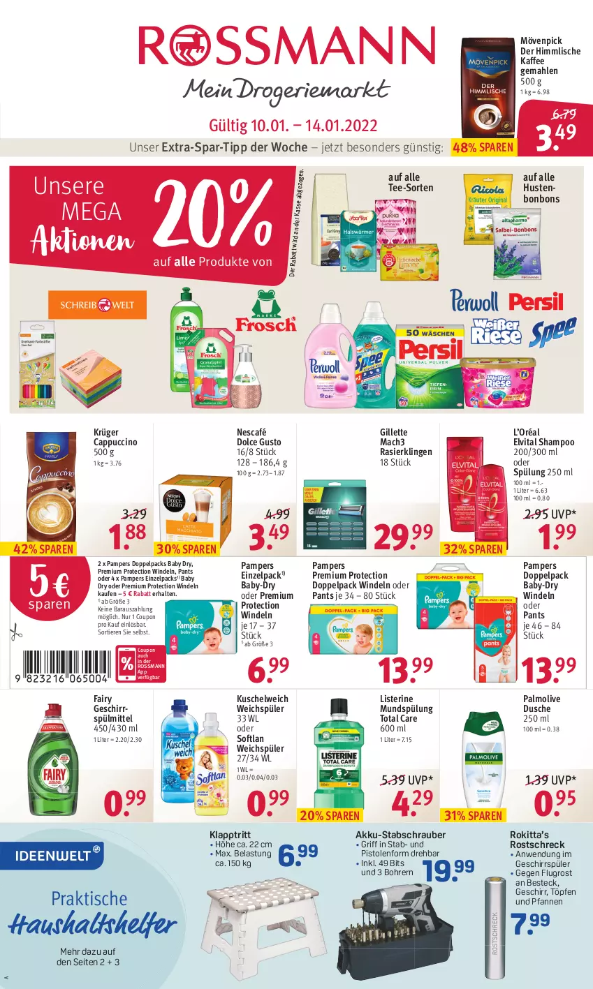 Aktueller Prospekt Rossmann - Prospekte - von 10.01 bis 14.01.2022 - strona 1 - produkty: akku, Akku-Stabschrauber, baby-dry, besteck, bonbons, Cap, cappuccino, cin, coupon, dolce gusto, dusche, elvital, fairy, geschirr, geschirrspüler, geschirrspülmittel, gillette, Hustenbonbons, kaffee, klapptritt, krüger, Kuschelweich, listerine, mac, mach3, mövenpick, mundspülung, Nescafé, olive, palmolive, pampers, Pants, pfanne, pfannen, Rasierklinge, rasierklingen, rostschreck, shampoo, Softlan, spülmittel, spülung, tee, Ti, Tiere, tisch, total care, und pfanne, vita, weichspüler, windeln, windeln oder pants