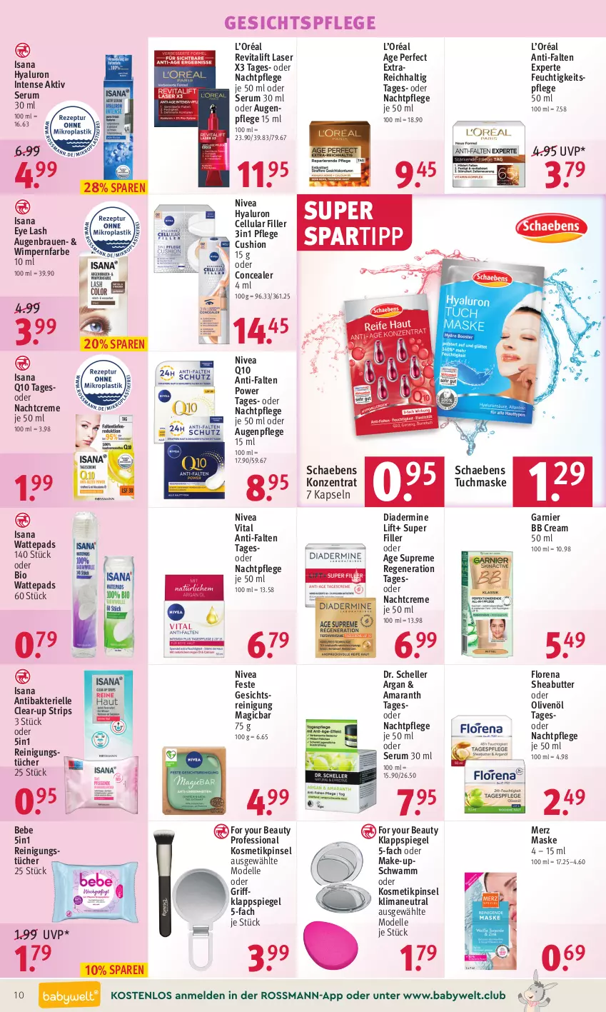 Aktueller Prospekt Rossmann - Prospekte - von 10.01 bis 14.01.2022 - strona 10 - produkty: anti-falten experte, Augenpflege, Bebe, bio, butter, cellular filler, Clear-up strips, creme, dell, Diadermine, Dr. Scheller, elle, feuchtigkeitspflege, For Your Beauty, garnier, gesichtspflege, hyaluron, isana, kosmetik, Make-up, Maske, Mode, nachtcreme, nachtpflege, nivea, olive, oliven, olivenöl, Pinsel, Q10, Reinigung, reinigungstücher, Revital, revitalift, rum, sana, Schaebens, schwamm, Serum, Sheabutter, spartipp, spiegel, Ti, tuc, tücher, tuchmaske, vita, wattepads, Yo