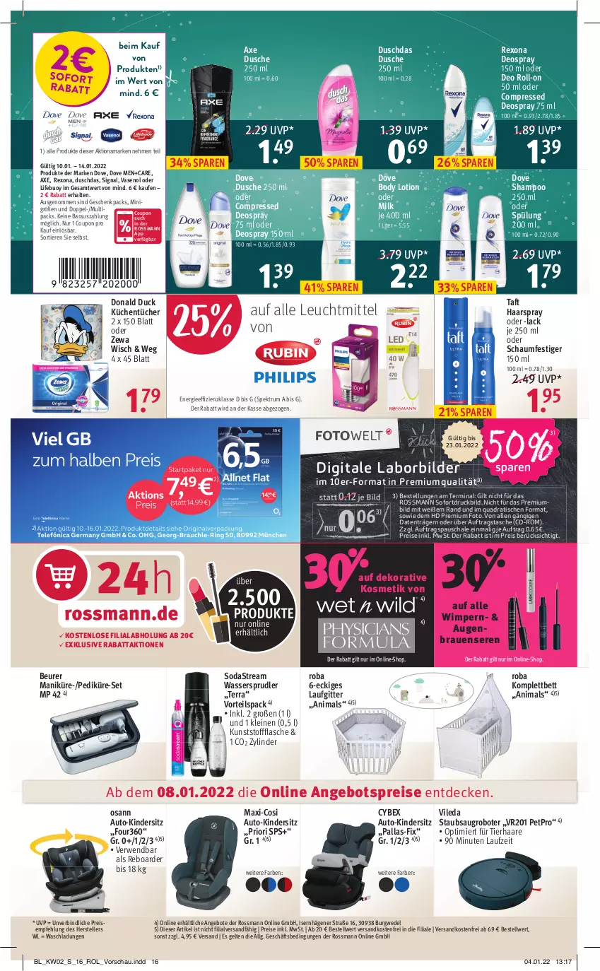 Aktueller Prospekt Rossmann - Prospekte - von 10.01 bis 14.01.2022 - strona 16 - produkty: angebot, angebote, angebotspreis, auto, axe, bett, beurer, body, body lotion, coupon, decke, deo, deo roll-on, deospray, deospray 150 ml, dove, Duck, duschdas, dusche, eis, elle, flasche, haarspray, Kinder, Kindersitz, kosmetik, küche, Küchen, küchentücher, lack, leine, leuchtmittel, LG, Lotion, ndk, oder deo roll-on, oder deospray, oder schaumfestiger, quad, reis, rexona, roba, roll-on, rum, rwe, Saugroboter, Schal, Schale, schaumfestiger, shampoo, shampoo 250 ml, Signal, Soda, sodastream, Spektrum, spülung, spülung 200 ml, Taft, Tasche, teller, Ti, Tiere, tisch, tücher, Vase, versandkostenfrei, vileda, wasser, wassersprudler, wedel, zewa