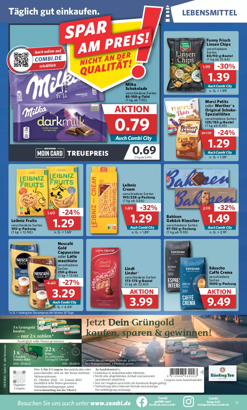 Aktueller Prospekt Combi - Prospekte - von 10.10 bis 15.10.2022 - strona 13 - produkty: ACC, bahlsen, beutel, Brei, caffè crema, Cap, cappuccino, chia, chips, cin, coupon, eduscho, eis, Funny Frisch, gin, latte, latte macchiato, lebensmittel, leibniz, LG, lindor, lindt, linsen, mac, macchiato, merci, milka, milka schokolade, Nescafé, nescafé gold, reis, schoko, schokolade, Spezi, tee, Ti, ZTE