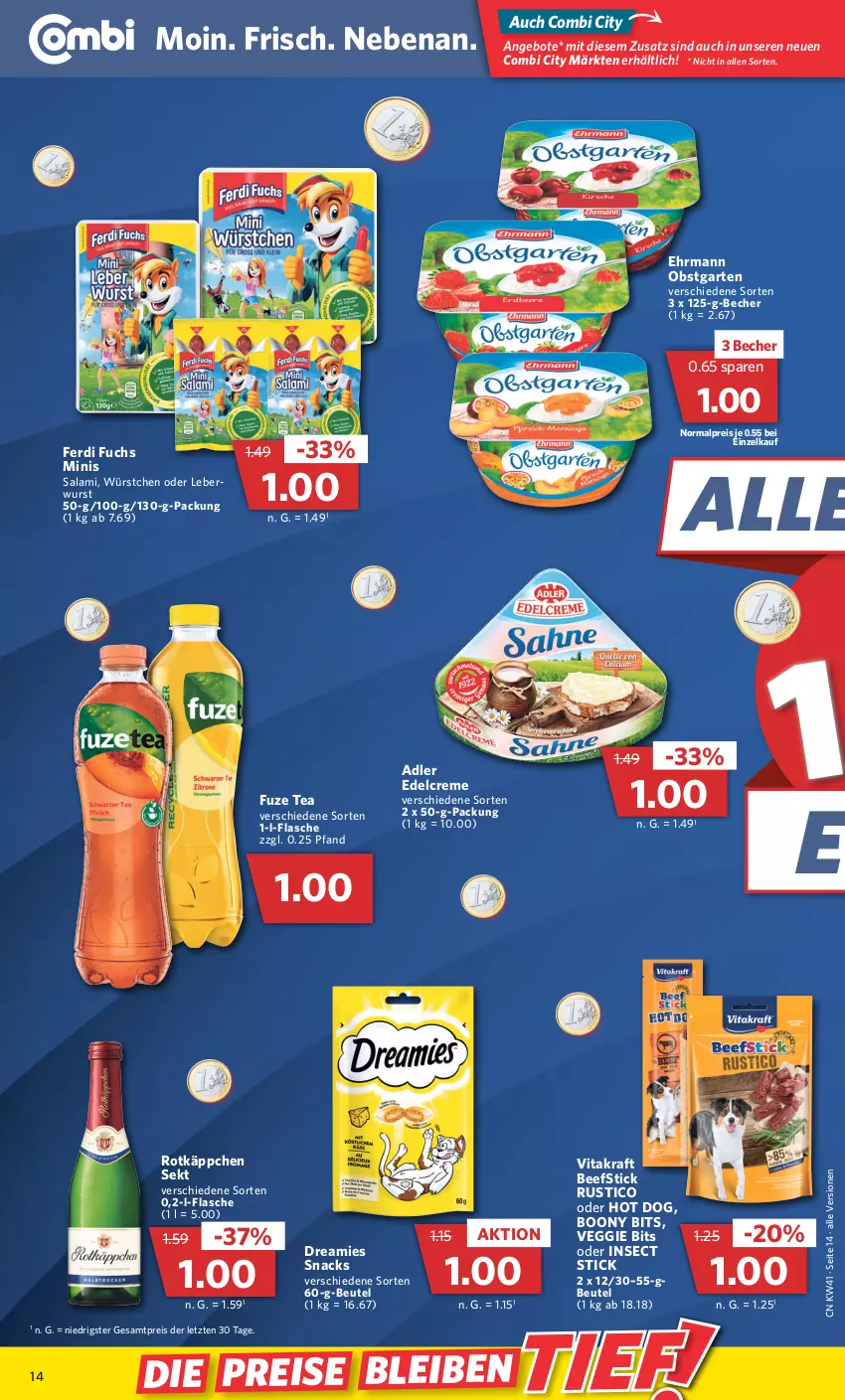 Aktueller Prospekt Combi - Prospekte - von 10.10 bis 15.10.2022 - strona 14 - produkty: angebot, angebote, Becher, beef, beutel, creme, dreamies, edelcreme, ehrmann, eis, ferdi fuchs, flasche, fuze tea, Garten, hot dog, kraft, leberwurst, obst, obstgarten, reis, rotkäppchen, salami, sekt, snack, snacks, Ti, veggie, vita, vitakraft, wurst, würstchen, ZTE