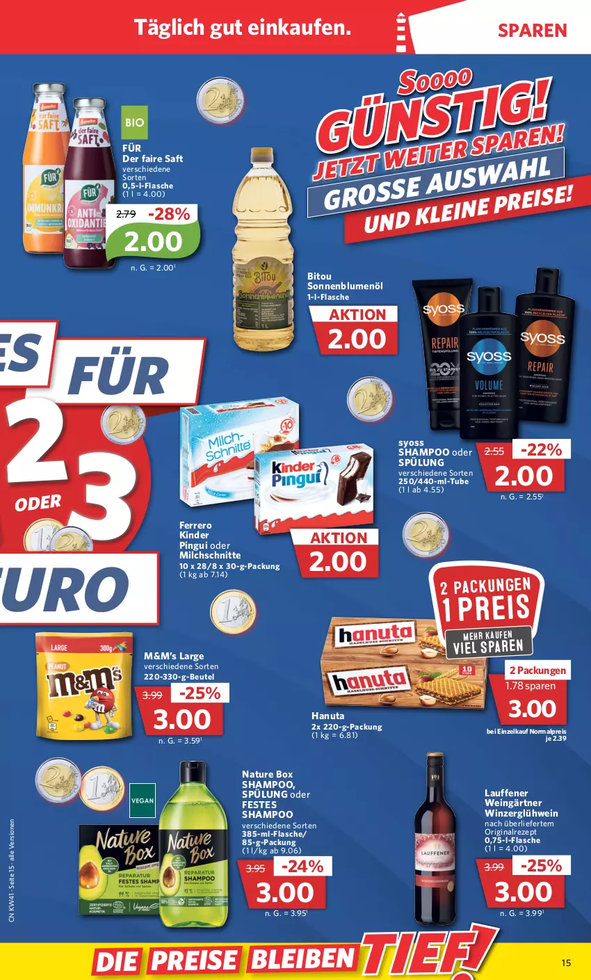 Aktueller Prospekt Combi - Prospekte - von 10.10 bis 15.10.2022 - strona 15 - produkty: beutel, blume, blumen, blumenöl, eis, ferrero, flasche, gin, Glühwein, hanuta, Kinder, kinder pingui, milch, Milchschnitte, natur, nature box, pingui, reis, rezept, saft, shampoo, shampoo oder spülung, sonnenblume, sonnenblumen, sonnenblumenöl, spülung, syoss, Ti, wein, Yo