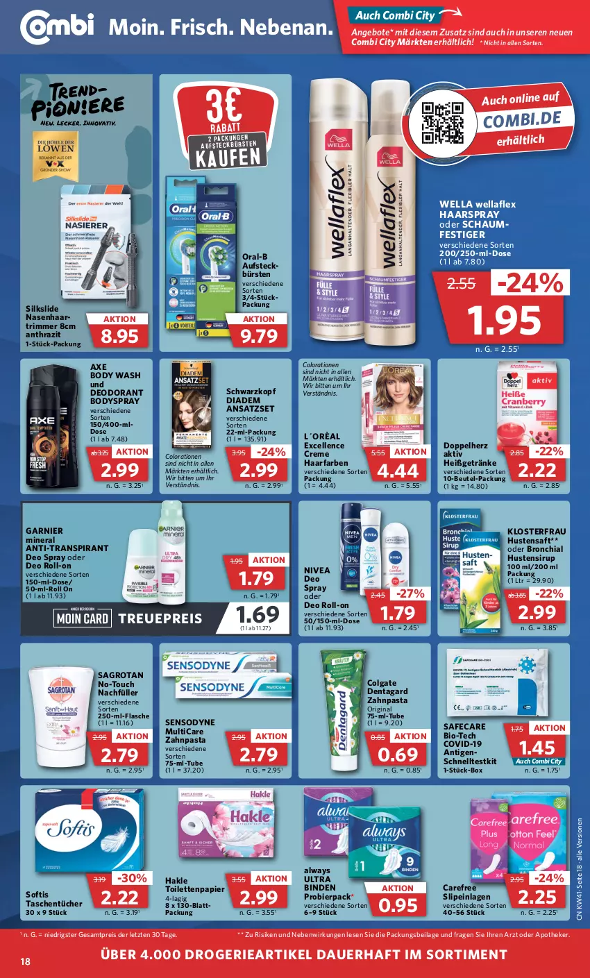 Aktueller Prospekt Combi - Prospekte - von 10.10 bis 15.10.2022 - strona 18 - produkty: Alwa, Always, angebot, angebote, Apotheke, auer, axe, beutel, bier, binden, bio, body, bodyspray, bürste, bürsten, carefree, chia, colgate, Colorationen, creme, deo, deo roll-on, deo spray, deodorant, diadem, doppelherz, eis, elle, flasche, garnier, getränk, getränke, gin, haarspray, hakle, hakle toilettenpapier, ilag, LG, nivea, oder deo roll-on, oral-b, papier, pasta, reis, roll-on, saft, sagrotan, Schnelltest, schwarzkop, schwarzkopf, sensodyne, sirup, slip, slipeinlagen, Tasche, taschen, Ti, toilettenpapier, tücher, Wella, wellaflex, zahnpasta, ZTE