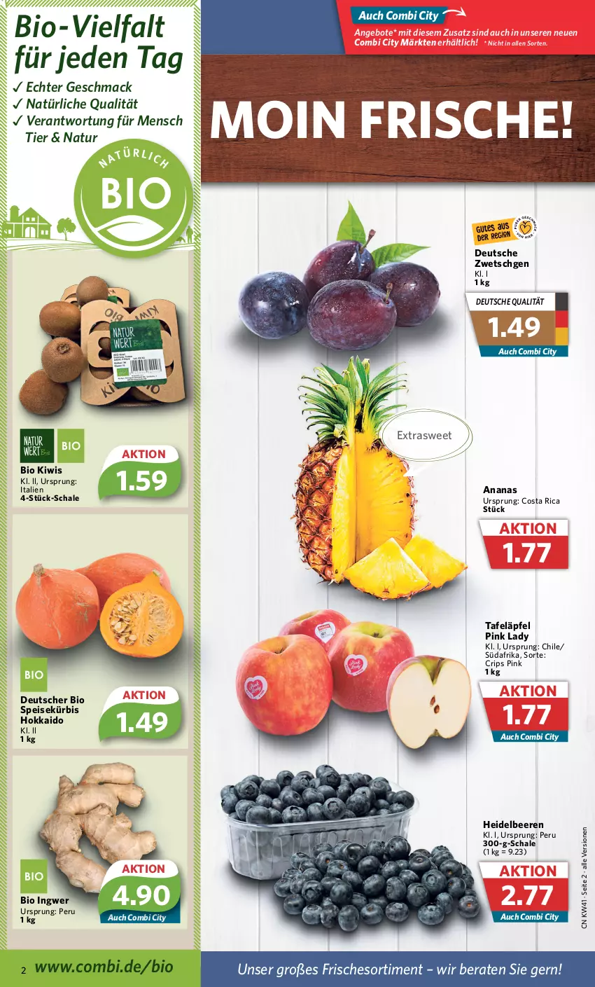 Aktueller Prospekt Combi - Prospekte - von 10.10 bis 15.10.2022 - strona 2 - produkty: ananas, angebot, angebote, beere, beeren, bio, eis, heidelbeere, heidelbeeren, ingwer, kiwi, Kürbis, mac, natur, Pink Lady, Schal, Schale, tafeläpfel, Ti