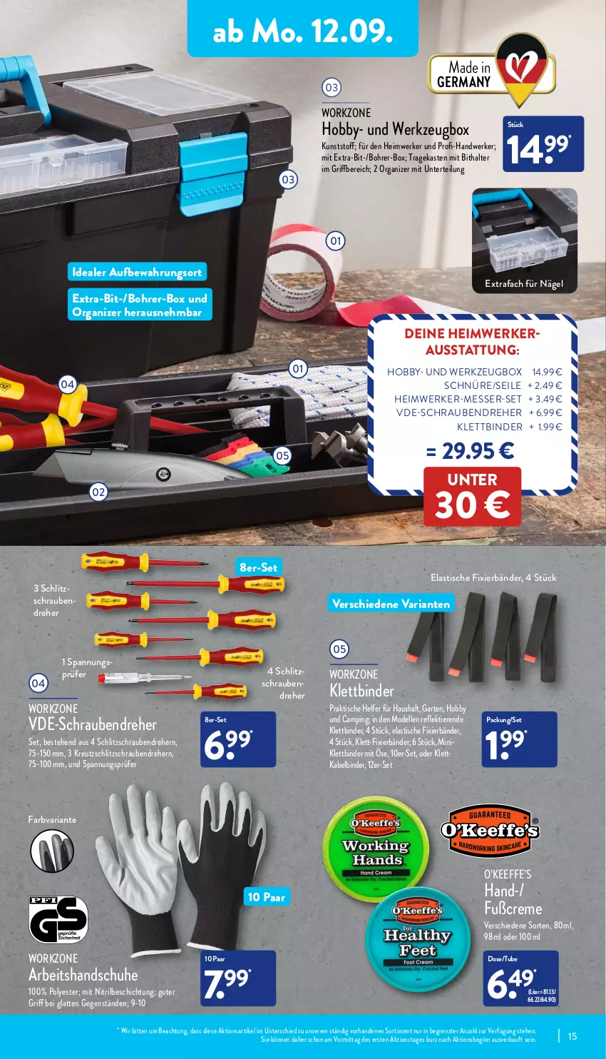 Aktueller Prospekt Aldi Nord - Aldi-Vorschau - von 12.09 bis 17.09.2022 - strona 15 - produkty: asti, creme, dell, elle, Garten, Germ, gin, handschuhe, Hobby, latte, messer, Mode, Ria, schrauben, Schraubendreher, schuhe, Ti, Tiere, tisch, werkzeug, Werkzeugbox, ZTE