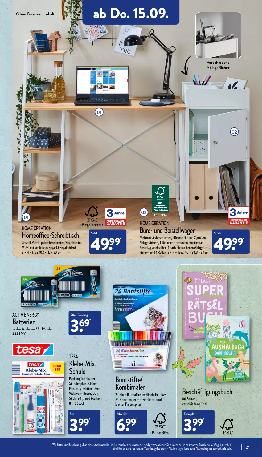 Aktueller Prospekt Aldi Nord - Aldi-Vorschau - von 12.09 bis 17.09.2022 - strona 21 - produkty: batterie, batterien, Brei, buch, buntstifte, dell, eis, elle, Fineliner, gin, Holz, kleber, Mode, office, Pinsel, regal, schreibtisch, stifte, tesa, Ti, tisch, weck, ZTE