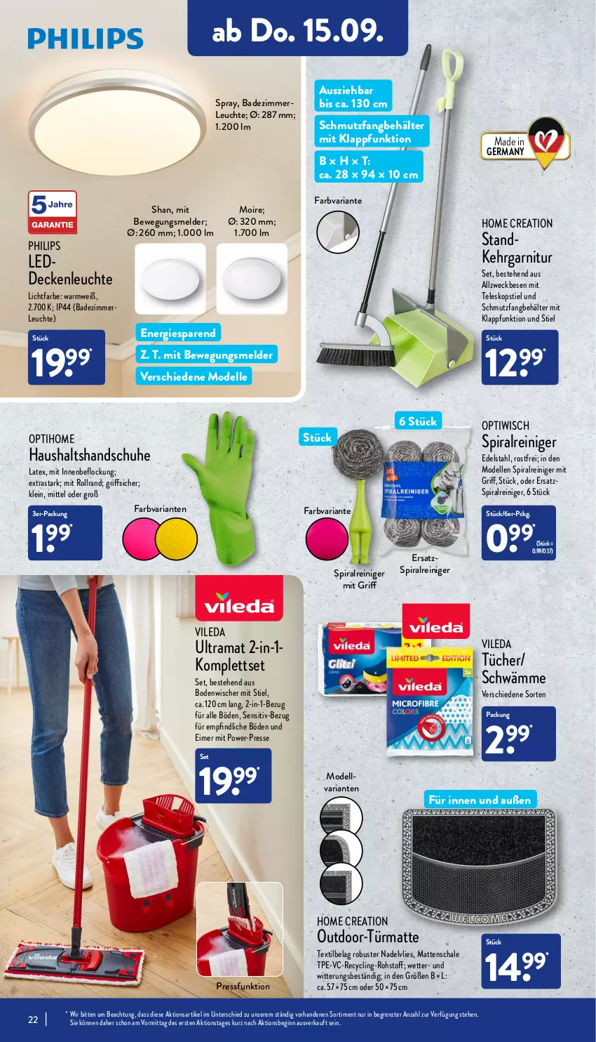 Aktueller Prospekt Aldi Nord - Aldi-Vorschau - von 12.09 bis 17.09.2022 - strona 22 - produkty: Bad, Behälter, bodenwischer, Clin, decke, deckenleuchte, dell, edelstahl, eimer, elle, garnitur, Germ, gin, handschuhe, Kehrgarnitur, Leuchte, merl, Mode, ndk, Optiwisch, Philips, rama, reiniger, Ria, Schal, Schale, schuhe, Teleskop, teleskopstiel, Ti, tücher, vileda, weck, ZTE