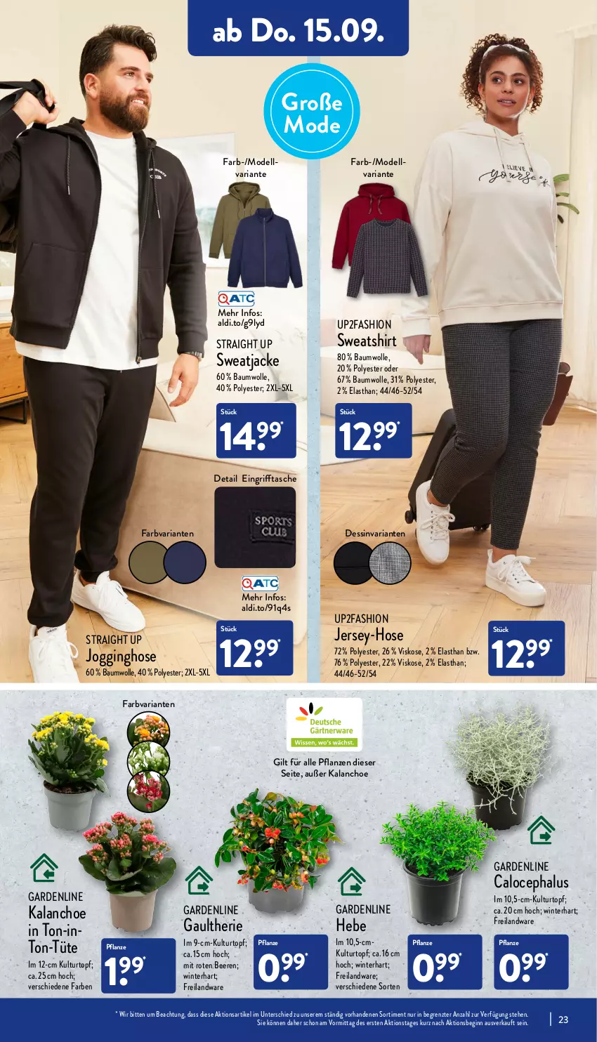 Aktueller Prospekt Aldi Nord - Aldi-Vorschau - von 12.09 bis 17.09.2022 - strona 23 - produkty: aldi, Bau, baumwolle, beere, beeren, Blüte, Brei, dell, gin, hose, Jacke, Jogginghose, Kalanchoe, kulturtopf, Mode, pflanze, pflanzen, Ria, shirt, sweatjacke, Sweatshirt, Tasche, Ti, topf, Tüte, up2fashion, wolle, ZTE