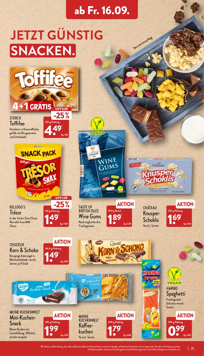 Aktueller Prospekt Aldi Nord - Aldi-Vorschau - von 12.09 bis 17.09.2022 - strona 25 - produkty: beutel, creme, frucht, fruchtgummi, fruchtgummis, gin, haribo, haselnuss, kaffee, karamell, keks, korn, kuchen, leine, milch, Nougatcreme, nuss, riegel, schoko, schokolade, snack, spaghetti, storck, Ti, toffifee, ZTE