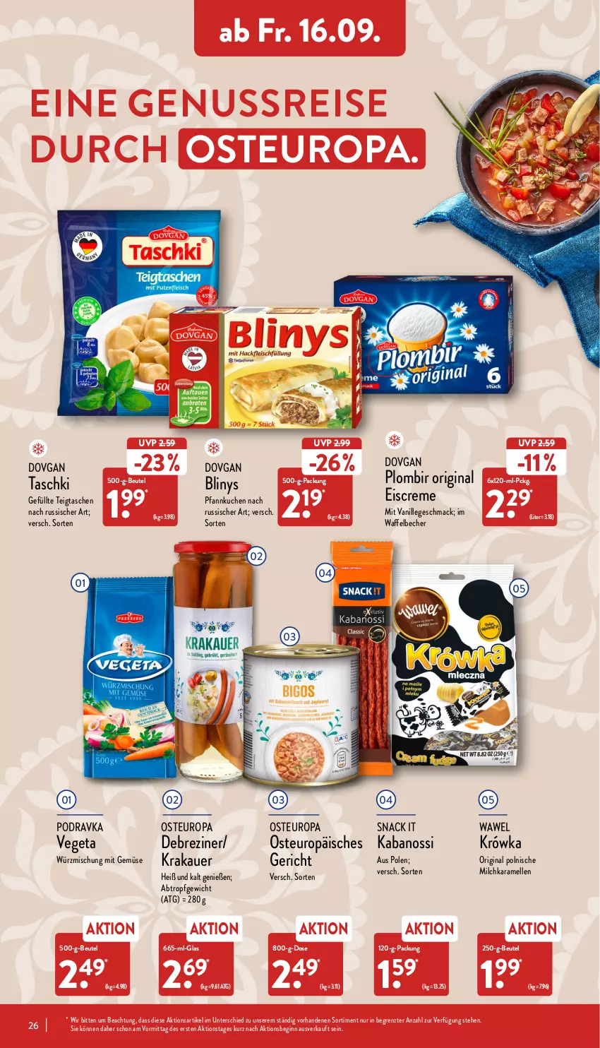 Aktueller Prospekt Aldi Nord - Aldi-Vorschau - von 12.09 bis 17.09.2022 - strona 26 - produkty: auer, Becher, beutel, creme, Debreziner, dovgan, eis, eiscreme, elle, gin, kabanos, karamell, krakauer, kuchen, mac, milch, mit gemüse, nuss, Pfannkuchen, reis, snack, Tasche, taschen, taschki, Ti, vanille, Vegeta, ZTE