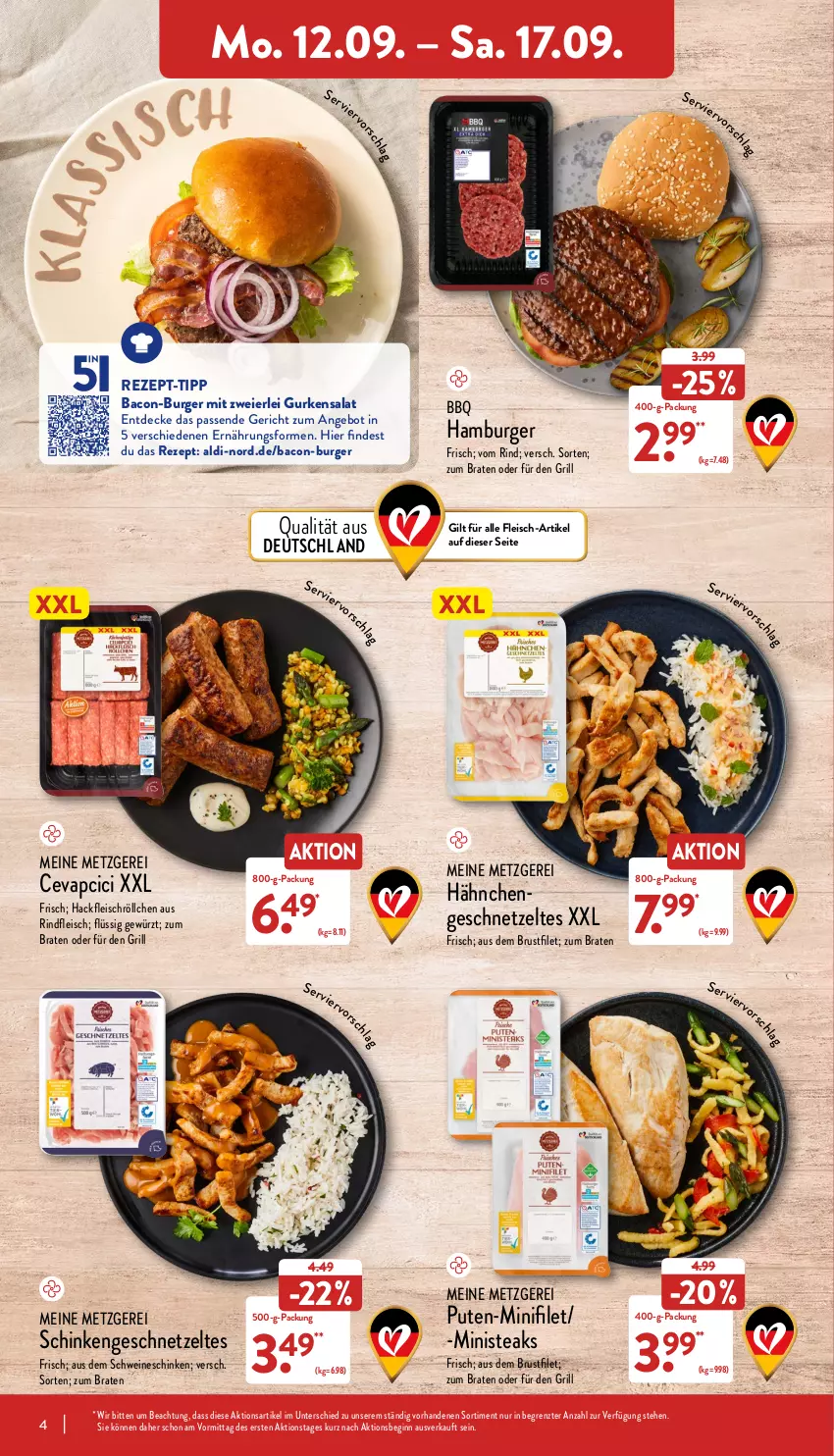 Aktueller Prospekt Aldi Nord - Aldi-Vorschau - von 12.09 bis 17.09.2022 - strona 4 - produkty: aldi, angebot, bacon, braten, brustfilet, burger, cevapcici, decke, eier, eis, filet, fleisch, geschnetzeltes, gewürz, gin, grill, gurke, gurken, gurkensalat, hackfleisch, Hähnchengeschnetzeltes, hamburger, pute, rezept, rezept-tipp, rind, rindfleisch, salat, schinken, schwein, schweine, steak, steaks, Ti, wein, weine, Zelt, ZTE