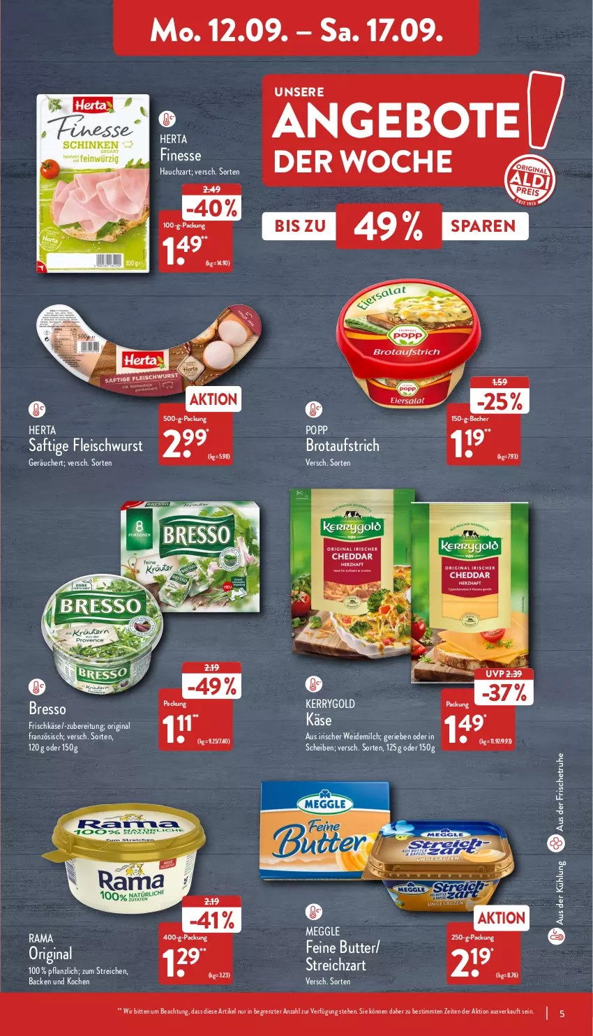 Aktueller Prospekt Aldi Nord - Aldi-Vorschau - von 12.09 bis 17.09.2022 - strona 5 - produkty: angebot, angebote, aufstrich, Becher, bresso, brot, brotaufstrich, butter, eis, finesse, fleisch, fleischwurst, frischkäse, gin, herta, herta finesse, Käse, kerrygold, meggle, milch, Popp, rama, saft, Streichzart, Ti, weidemilch, wurst, ZTE