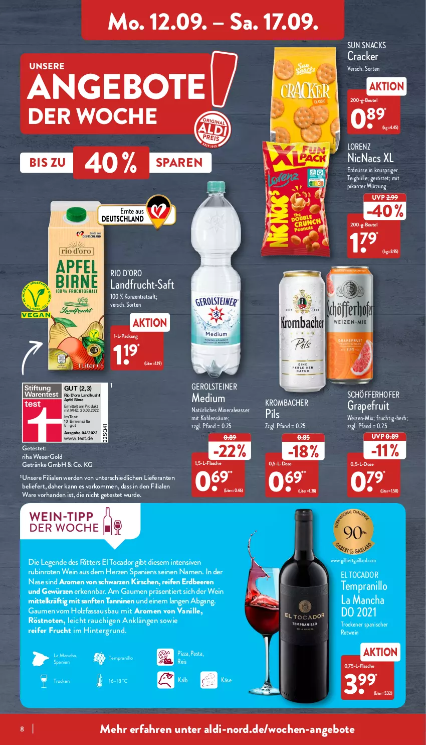 Aktueller Prospekt Aldi Nord - Aldi-Vorschau - von 12.09 bis 17.09.2022 - strona 8 - produkty: aldi, Alwa, angebot, angebote, apfel, asti, Bau, beere, beeren, beutel, Birnen, coconut, cracker, d'oro, eis, erdbeere, erdbeeren, erde, erdnüsse, flasche, frucht, gerolsteine, gerolsteiner, getränk, getränke, gewürz, grapefruit, Holz, Käse, kirsch, kirsche, kirschen, knoppers, krombache, krombacher, krombacher pils, lorenz, mineralwasser, natürliches mineralwasser, pasta, pils, pizza, Rauch, reifen, reis, ritter, rotwein, Rubin, saft, säfte, schöfferhofer, snack, snacks, steiner, Sun Snacks, tempranillo, Ti, usb, vanille, wasser, wein