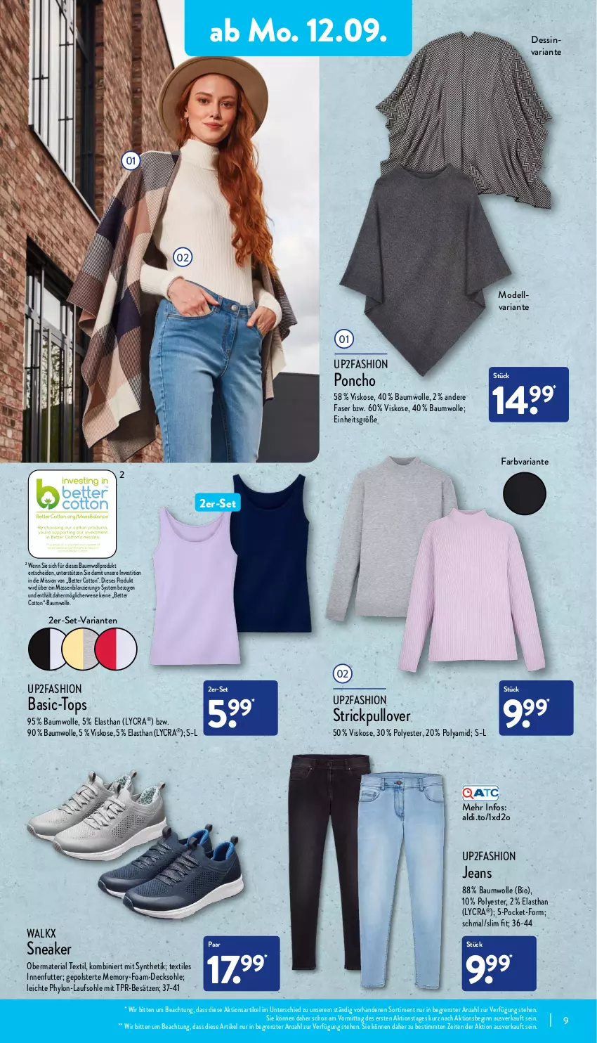 Aktueller Prospekt Aldi Nord - Aldi-Vorschau - von 12.09 bis 17.09.2022 - strona 9 - produkty: aldi, Bau, baumwolle, bett, bio, decksohle, dell, eis, gin, Hylo, jeans, Mode, Pullover, Ria, sneaker, Strickpullover, Ti, up2fashion, walkx, wolle, ZTE