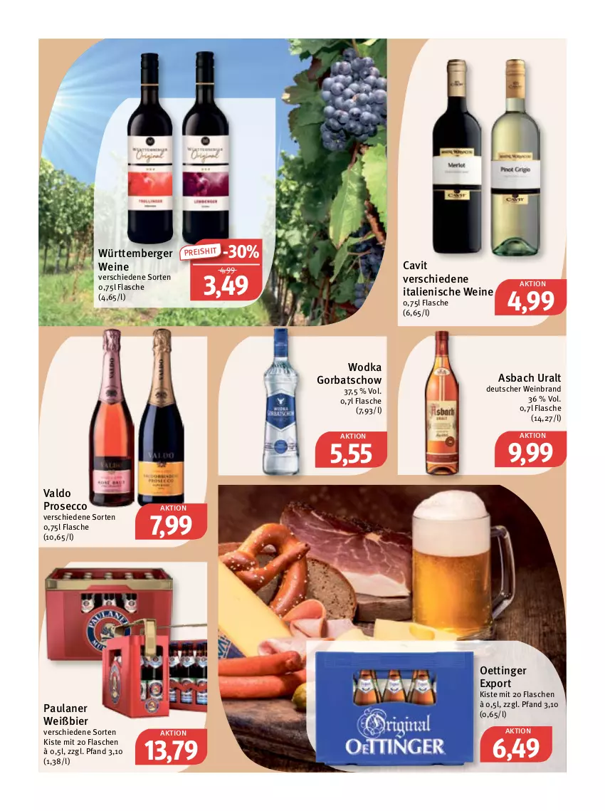 Aktueller Prospekt Feneberg - Prospekte - von 20.04 bis 22.04.2023 - strona 12 - produkty: asbach uralt, Berger, bier, ecco, eis, flasche, Gorbatschow, oettinger, Paula, paulaner, prosecco, reis, Ti, valdo, wein, weinbrand, weine, wodka