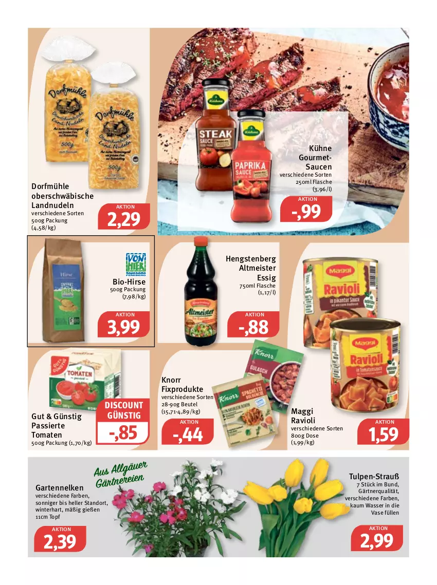 Aktueller Prospekt Feneberg - Prospekte - von 20.04 bis 22.04.2023 - strona 8 - produkty: beutel, bio, discount, eis, elle, essig, flasche, Garten, gartennelke, hengstenberg, Hengstenberg Altmeister, knorr, knorr fix, Kühne, LG, maggi, Meister, nudel, nudeln, ravioli, sauce, saucen, Ti, tomate, tomaten, topf, Vase, wasser