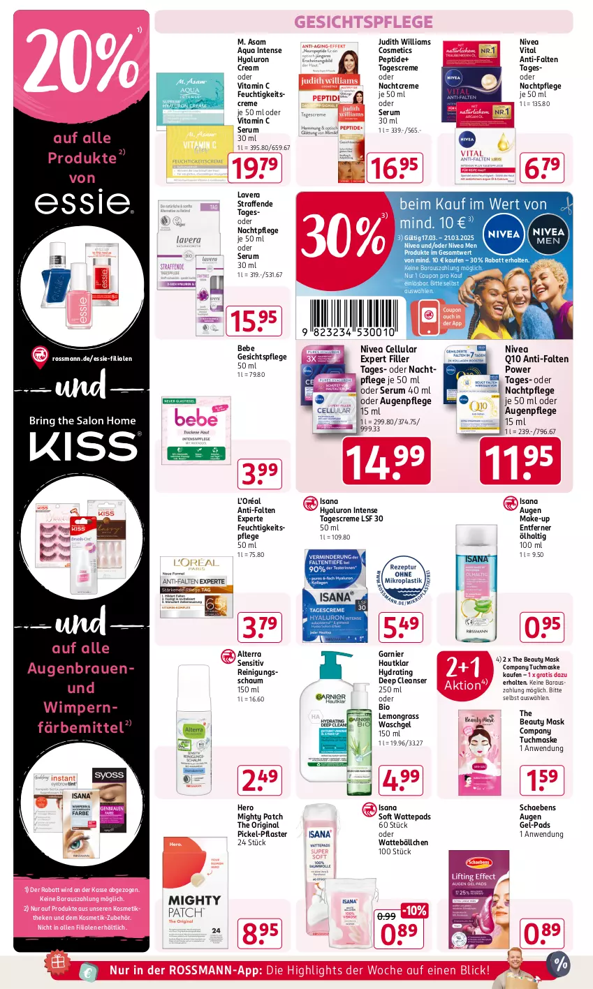 Aktueller Prospekt Rossmann - Prospekte - von 31.01 bis 06.04.2025 - strona 10 - produkty: alterra, anti-falten experte, aqua, Augenpflege, Bebe, bio, coupon, creme, feuchtigkeitscreme, feuchtigkeitspflege, garnier, gesichtspflege, gin, hero, hyaluron, isana, kosmetik, lavera, Make-up, Maske, nachtcreme, nachtpflege, nivea, Nivea Men, pflaster, Q10, Reinigung, Reinigungsschaum, rum, sana, Schaebens, Serum, tagescreme, Ti, tuc, tuchmaske, vita, Vitamin C, waschgel, wattepads