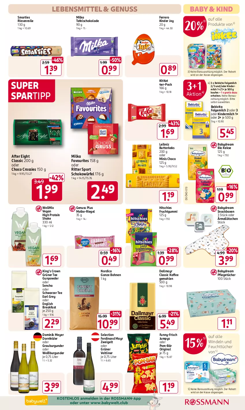 Aktueller Prospekt Rossmann - Prospekte - von 31.01 bis 06.04.2025 - strona 13 - produkty: after eight, babydream, bebivita, bio, bohne, bohnen, burgunder, butter, butterkeks, choco crossies, crossies, dallmayr, dornfelder, ferrero, feuchttücher, folgemilch, frucht, fruchtgummi, funny-frisch, gin, grauburgunder, grüner tee, grüner veltliner, kaffee, keks, kekse, Kinder, kindermilch, kitkat, Lätzche, lebensmittel, leibniz, LG, milch, milka, Nordica, nuss, pom-bär, riegel, ritter, ritter sport, schoko, schokolade, schokowürfel, schwarzer tee, shake, smarties, snack, spartipp, Sport, tafelschokolade, tee, Ti, tücher, vita, Weißburgunder, windeln, würfel, Zweigelt