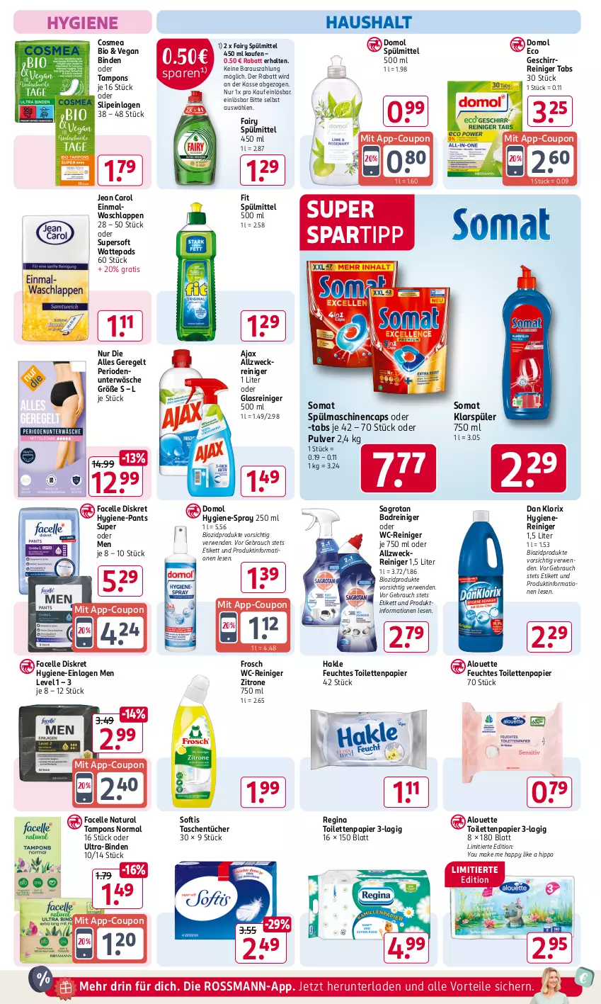 Aktueller Prospekt Rossmann - Prospekte - von 31.01 bis 06.04.2025 - strona 14 - produkty: ajax, allzweckreiniger, alouette, Alwa, Bad, binden, bio, biozidprodukte, Cap, cosmea, coupon, Domol, Einmalwaschlappen, elle, Facelle, fairy, feuchtes toilettenpapier, Frosch, geschirr, gin, Glasreiniger, hakle, hipp, Hygiene-Pants, Jean Carol, klarspüler, natur, natura, Pants, papier, Rauch, reiniger, rwe, sagrotan, slip, slipeinlagen, somat, spartipp, spülmaschinen, spülmittel, Tampon, tampons, Tasche, taschen, taschentücher, Ti, toilettenpapier, tücher, Ultra-Binden, Unterwäsche, waschlappen, wattepads, wc-reiniger, weck, Yo, zitrone