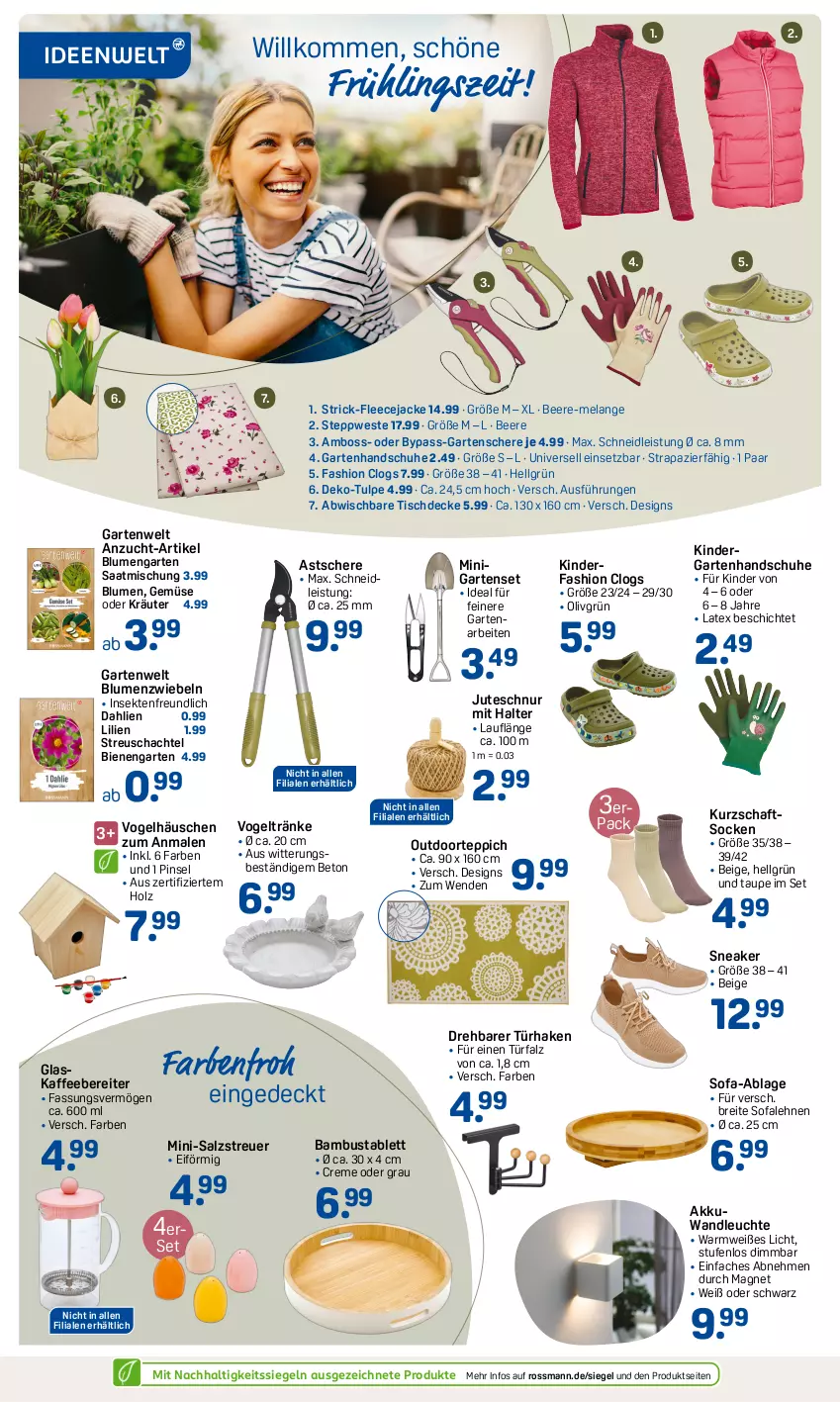 Aktueller Prospekt Rossmann - Prospekte - von 31.01 bis 06.04.2025 - strona 2 - produkty: akku, bambus, beere, blume, blumen, boss, Brei, Clogs, creme, dahlie, decke, eis, Elan, Fleecejacke, Garten, Gartenschere, handschuhe, Holz, Jacke, kaffee, kaffeebereiter, Kinder, kräuter, Kurzschaftsocken, Leuchte, LG, oder kräuter, Pinsel, salz, Schere, schuhe, sekt, sneaker, socken, Sofa, tablet, tablett, teppich, Ti, tisch, tischdecke, Weste, zwiebel, zwiebeln