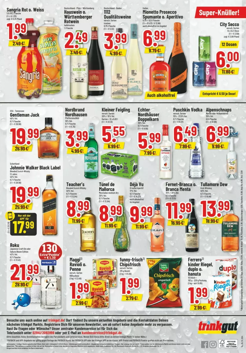 Aktueller Prospekt Trinkgut - Prospekte - von 17.08 bis 23.08.2025 - strona 6 - produkty: alkohol, angebot, angebote, Berger, black label, burgunder, chips, chipsfrisch, doppelkorn, ecco, eis, elle, Fernet, ferrero, fisch, fische, flasche, funny-frisch, gin, johnnie walker, Kinder, kinder riegel, kleiner feigling, korn, lack, leine, maggi, nordbrand, penne, prosecco, puma, puschkin vodka, qualitätswein, qualitätsweine, ravioli, reis, riegel, rotwein, spumante, telefon, Ti, tullamore, tullamore dew, vodka, wein, weine, ZTE