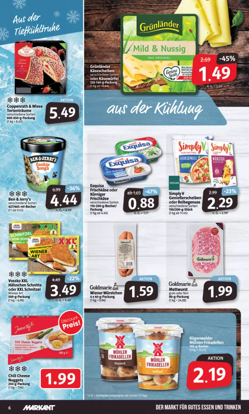 Aktueller Prospekt Markant - Prospekte - von 02.05 bis 06.05.2023 - strona 6 - produkty: Becher, chili, coppenrath, dell, elle, exquisa, frikadellen, frischkäse, goldmarie, grünländer, gutes essen, Käse, käsescheiben, Mett, mettwurst, nuggets, nuss, schnitzel, sim, torte, vossko, wiener, wiener würstchen, würfel, wurst, würstchen