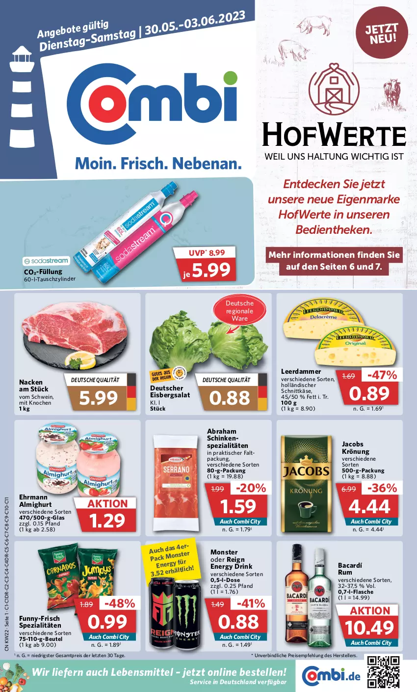 Aktueller Prospekt Combi - Prospekte - von 30.05 bis 03.06.2023 - strona 1 - produkty: almighur, almighurt, beutel, decke, drink, ehrmann, ehrmann almighurt, eis, eisbergsalat, elle, energy drink, flasche, funny-frisch, holländischer schnittkäse, jacobs, jacobs krönung, Käse, lebensmittel, leerdammer, monster, Rauch, reis, rum, salat, schinken, schnittkäse, schwein, Spezi, teller, Ti, tisch, wein, ZTE