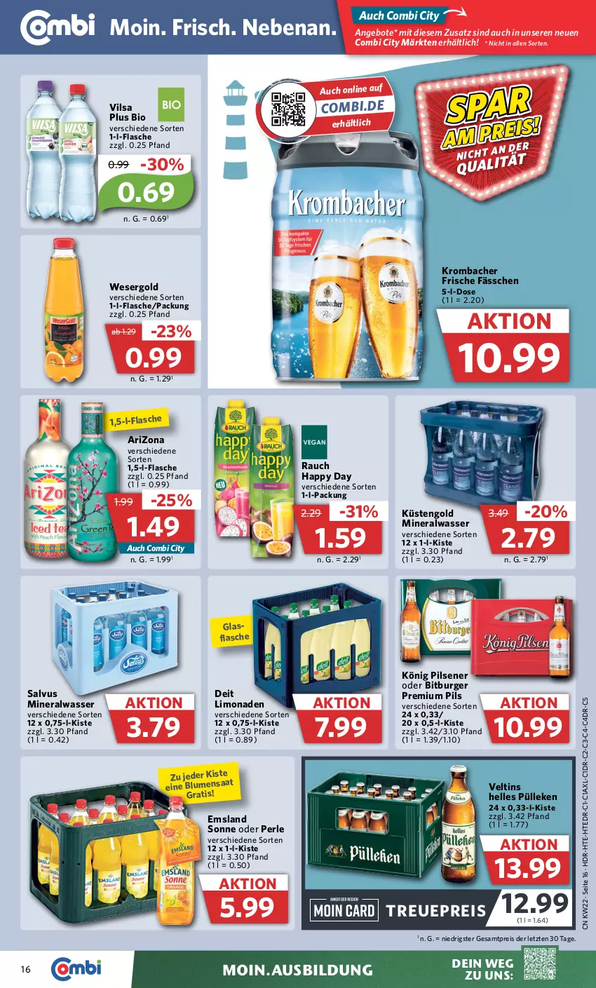 Aktueller Prospekt Combi - Prospekte - von 30.05 bis 03.06.2023 - strona 20 - produkty: Alwa, angebot, angebote, bio, bitburger, blume, blumen, burger, deit, eis, elle, flasche, Happy Day, könig pilsener, krombache, krombacher, küstengold, limo, limonade, limonaden, mineralwasser, pils, pilsener, premium pils, Rauch, reis, Ti, usb, veltins, vilsa, wasser, ZTE