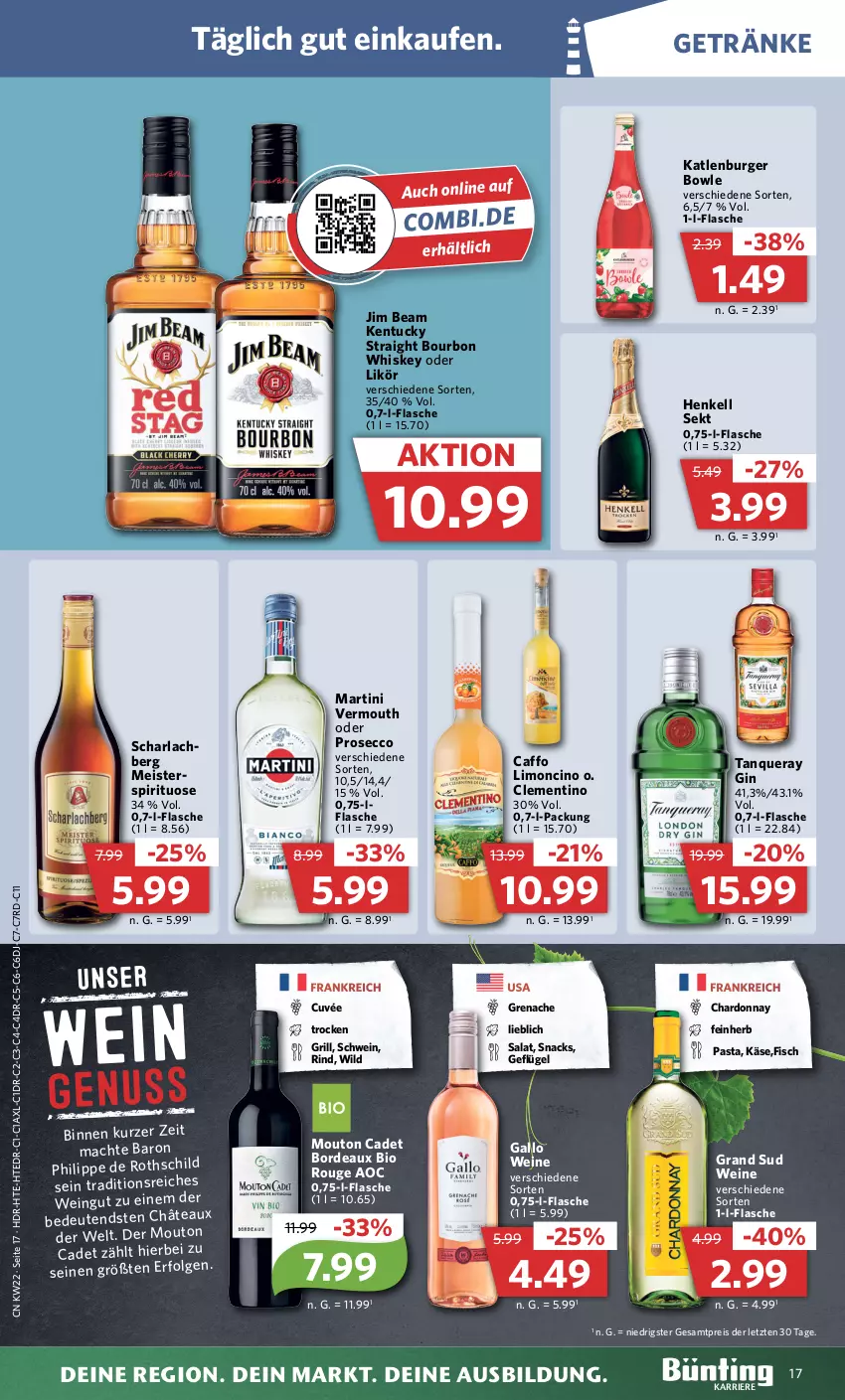 Aktueller Prospekt Combi - Prospekte - von 30.05 bis 03.06.2023 - strona 21 - produkty: arla, bio, bourbon, bourbon whiskey, bowle, burger, chardonnay, cin, cuvée, ecco, eis, fisch, flasche, gallo, Geflügel, getränk, getränke, gin, grand sud, grill, henkel, henkell, henkell sekt, jim beam, Käse, katlenburger, kentucky straight, LG, likör, limo, mac, martini, Meister, pasta, prosecco, reis, rind, rouge, salat, schwein, sekt, snack, snacks, Tanqueray, Ti, tuc, usb, Vermouth, wein, weine, whiskey, Wild, ZTE